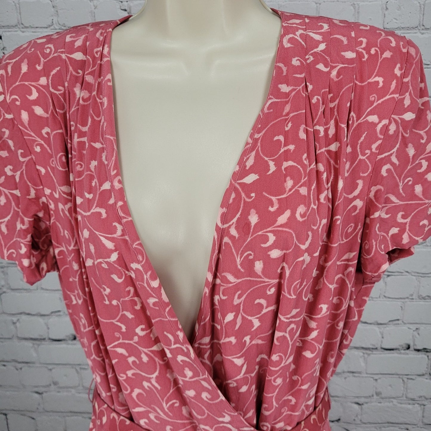 Papillon Pink 100% Silk Leaf Print Short Sleeve Belted Lined Long Wrap Dress 16