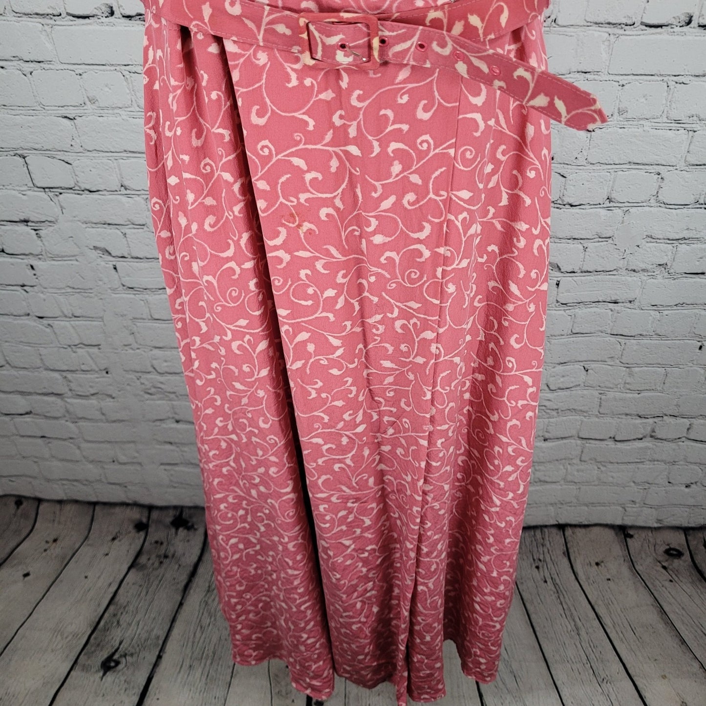 Papillon Pink 100% Silk Leaf Print Short Sleeve Belted Lined Long Wrap Dress 16