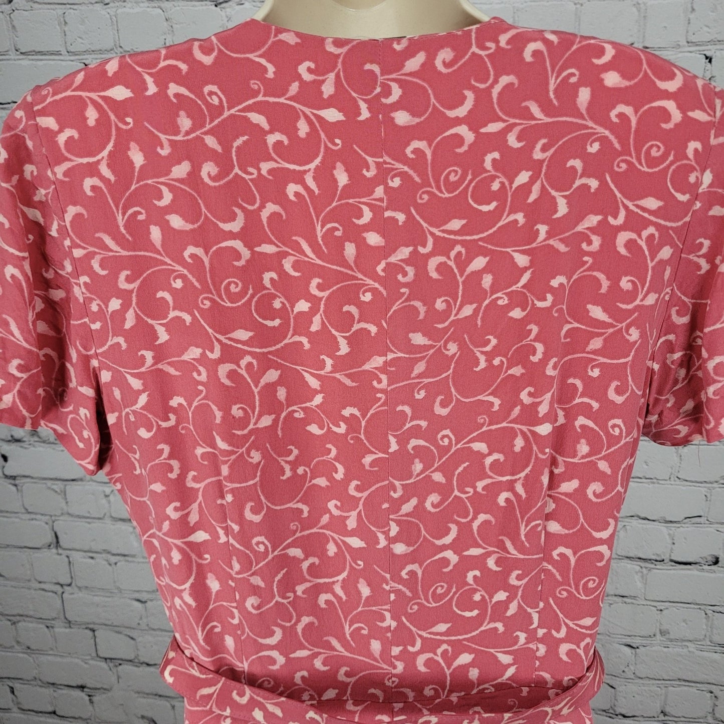 Papillon Pink 100% Silk Leaf Print Short Sleeve Belted Lined Long Wrap Dress 16