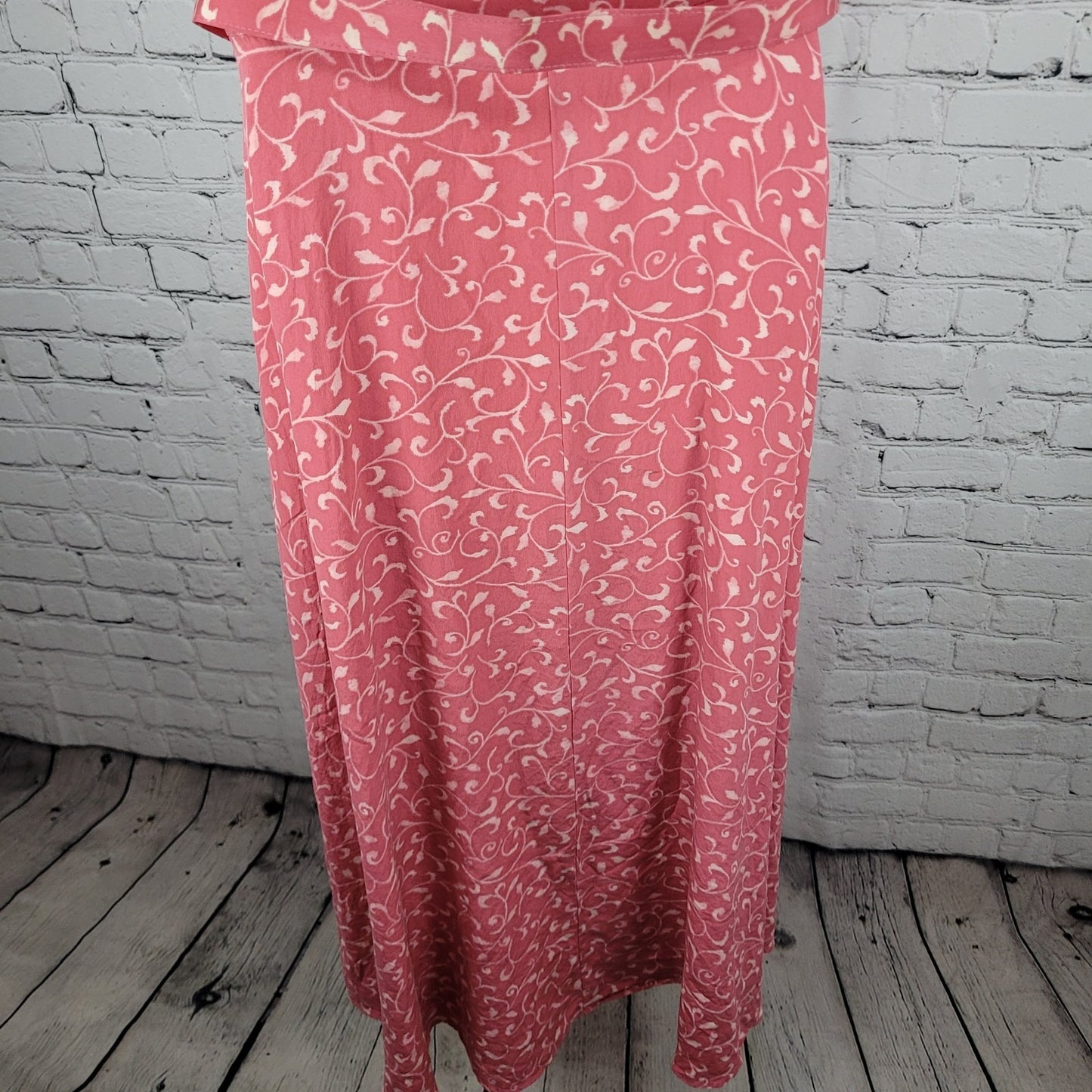 Papillon Pink 100% Silk Leaf Print Short Sleeve Belted Lined Long Wrap Dress 16