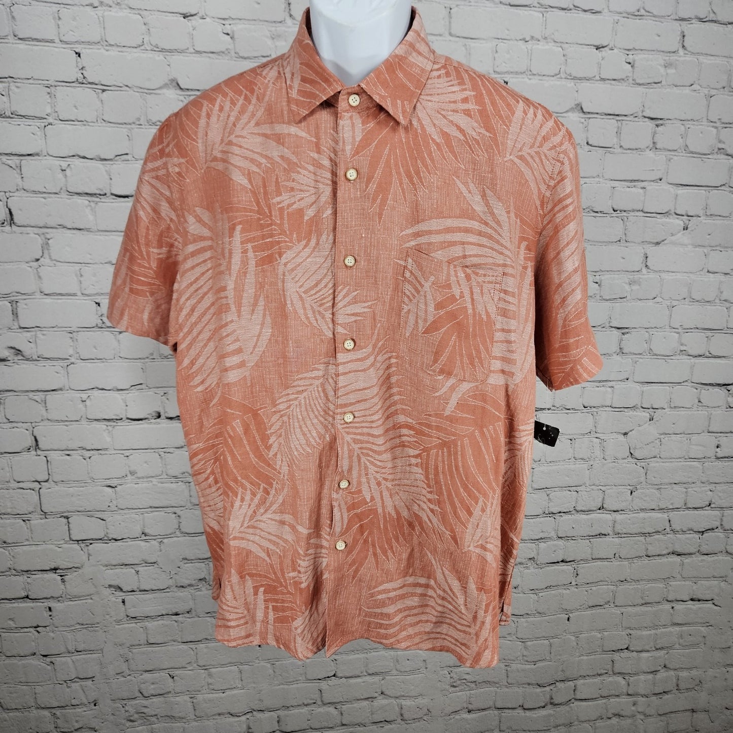 NWT Tasso Elba Island Pink Silk Linen Fern Woven Hawaiian Button Up Shirt Large