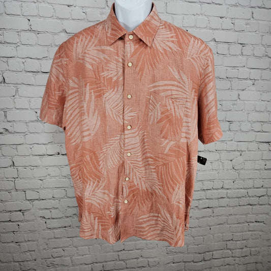 NWT Tasso Elba Island Pink Silk Linen Fern Woven Hawaiian Button Up Shirt Large