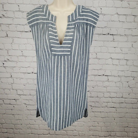 Madewell Blue Striped 100% Cotton Short Sleeve V-Neck Lightweight Dress Size XS
