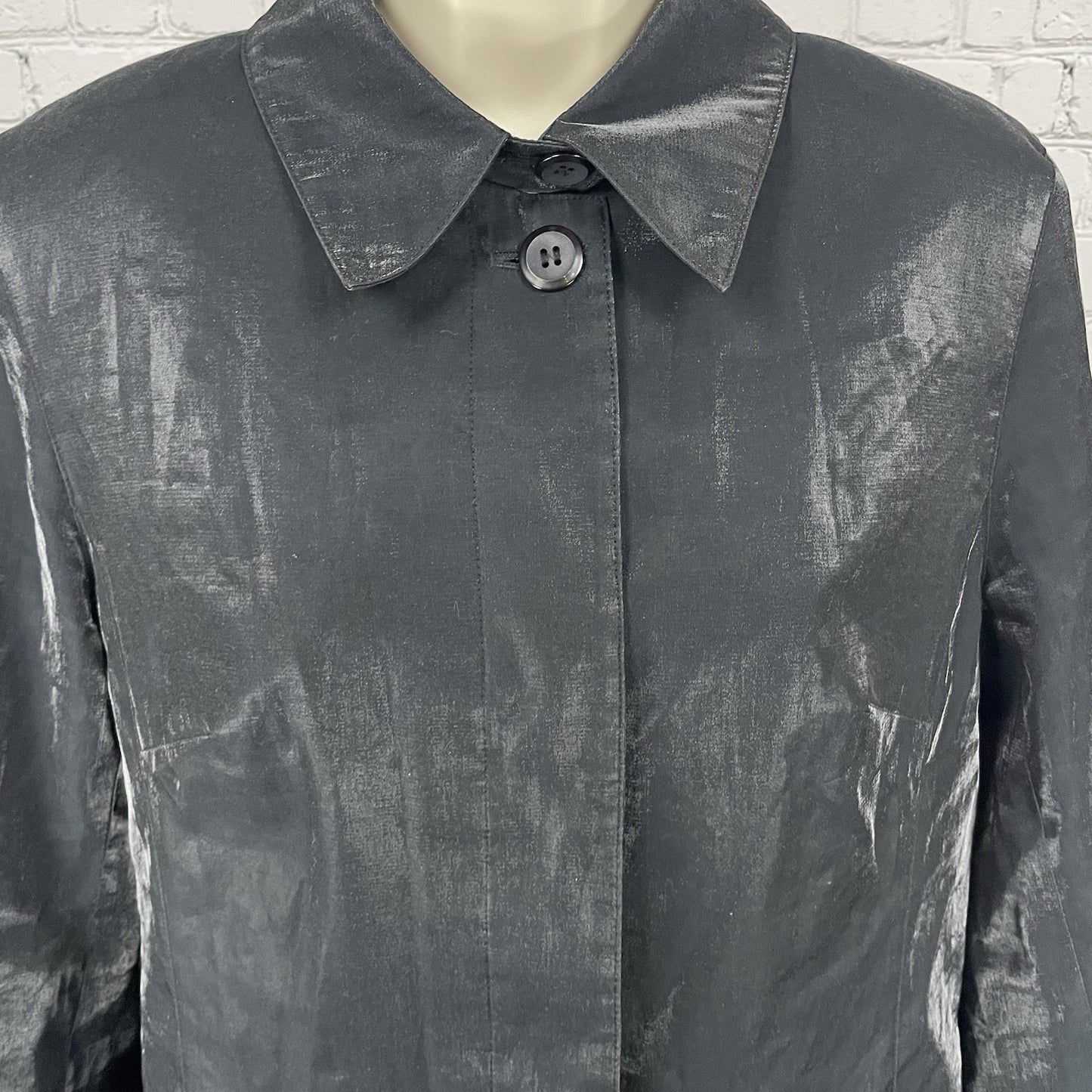 Gallery Black Sheen Lightweight Buttoned Collared Lined Jacket Size Medium M