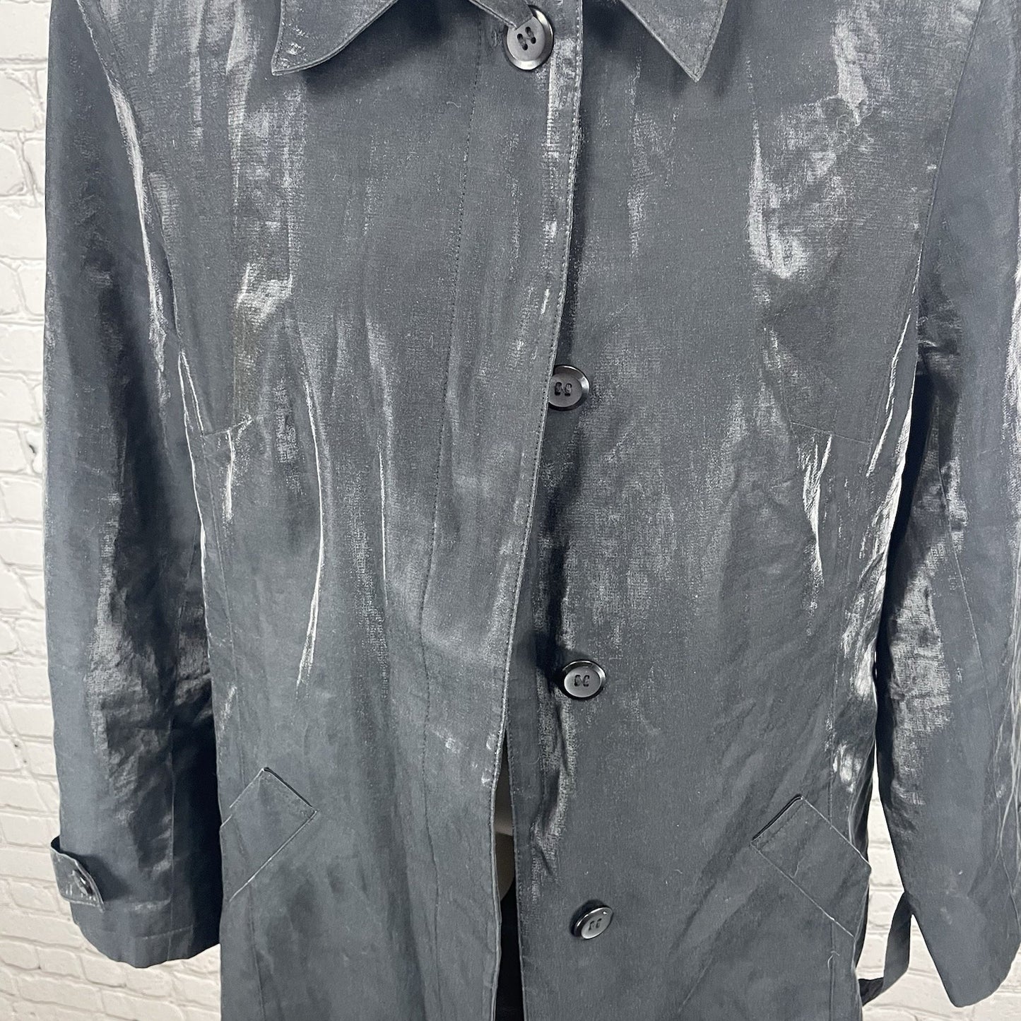 Gallery Black Sheen Lightweight Buttoned Collared Lined Jacket Size Medium M