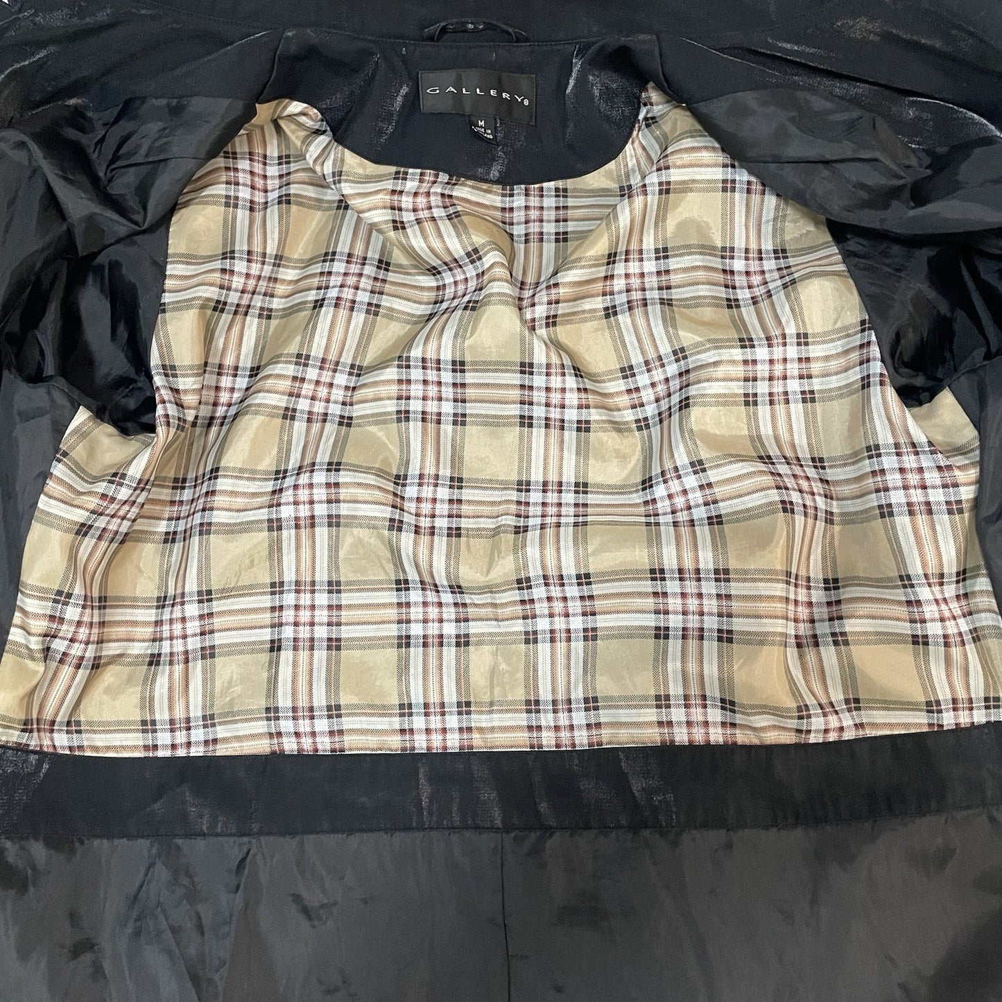 Gallery Black Sheen Lightweight Buttoned Collared Lined Jacket Size Medium M