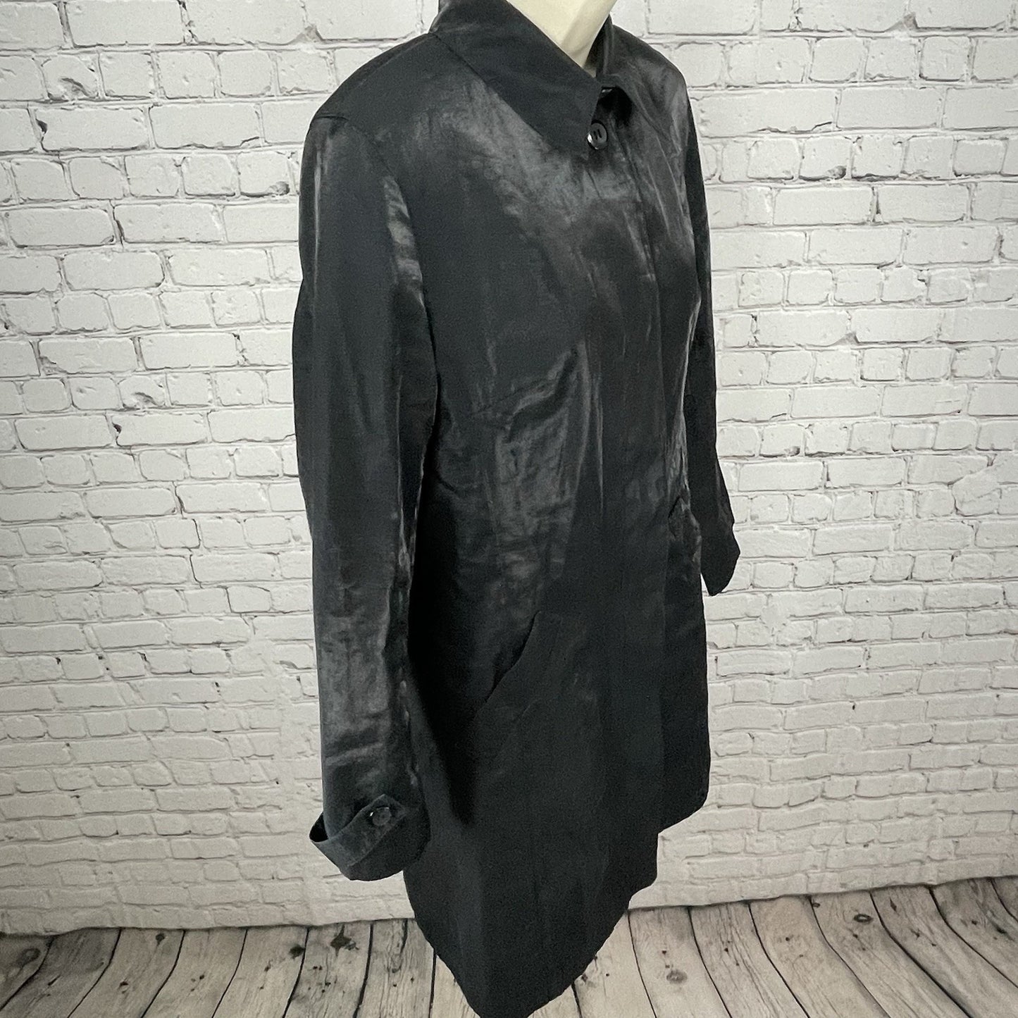 Gallery Black Sheen Lightweight Buttoned Collared Lined Jacket Size Medium M