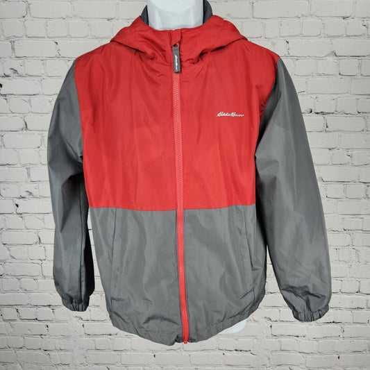 Eddie Bauer Grey Red Hooded Full Zip Lined Windbreaker Jacket Kids L 14/16 *tear