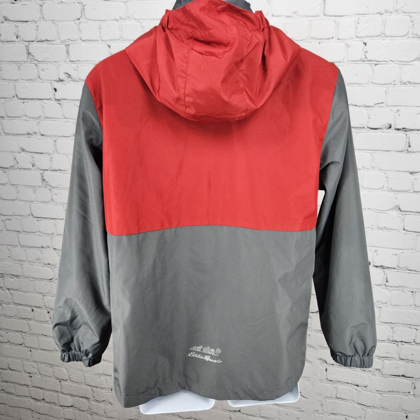 Eddie Bauer Grey Red Hooded Full Zip Lined Windbreaker Jacket Kids L 14/16 *tear
