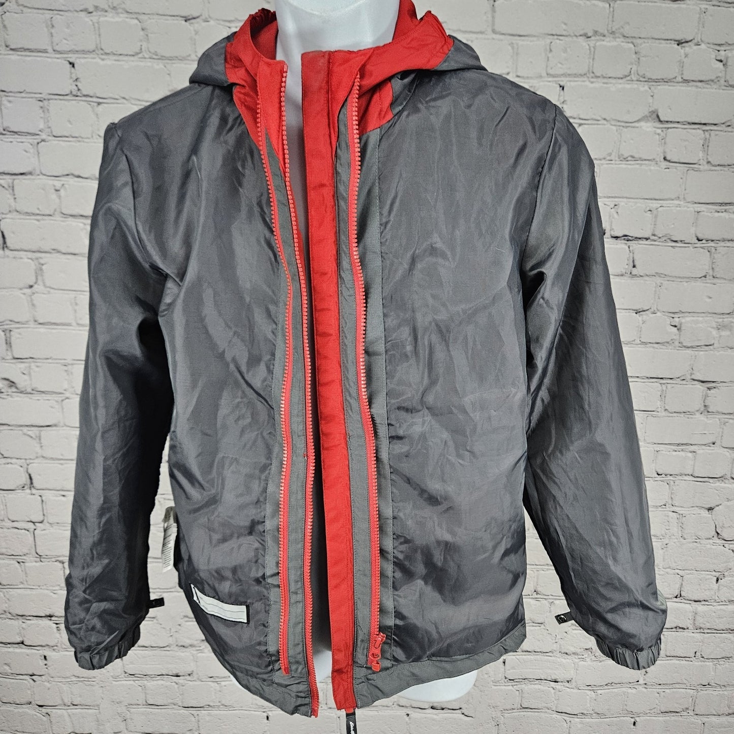 Eddie Bauer Grey Red Hooded Full Zip Lined Windbreaker Jacket Kids L 14/16 *tear