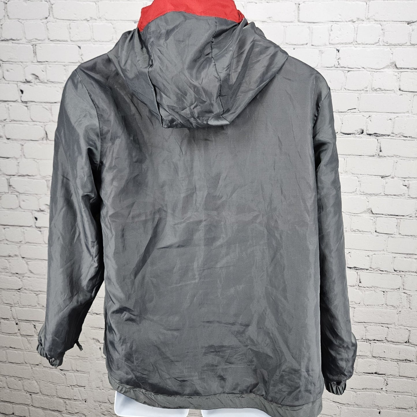 Eddie Bauer Grey Red Hooded Full Zip Lined Windbreaker Jacket Kids L 14/16 *tear