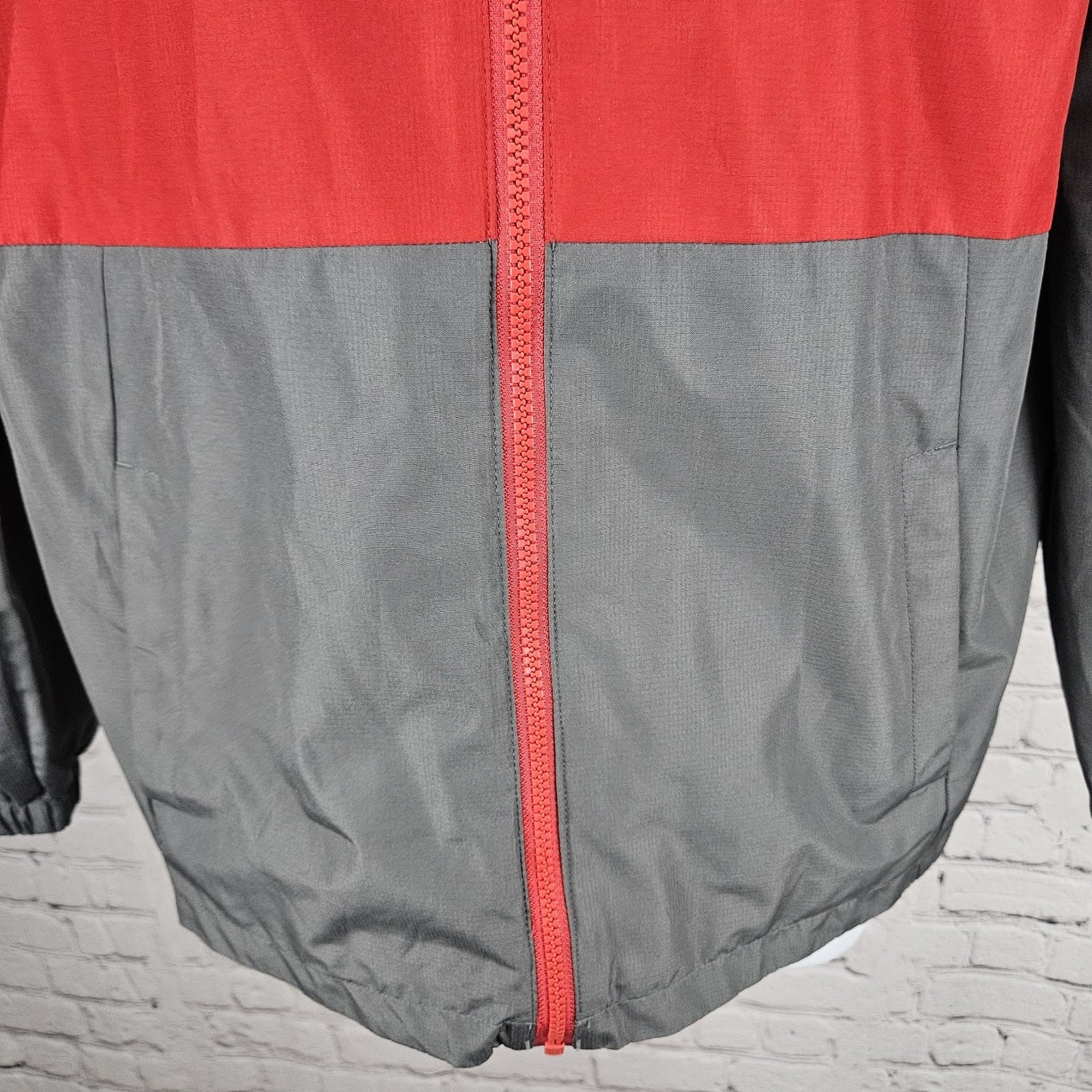 Eddie Bauer Grey Red Hooded Full Zip Lined Windbreaker Jacket Kids L 14/16 *tear