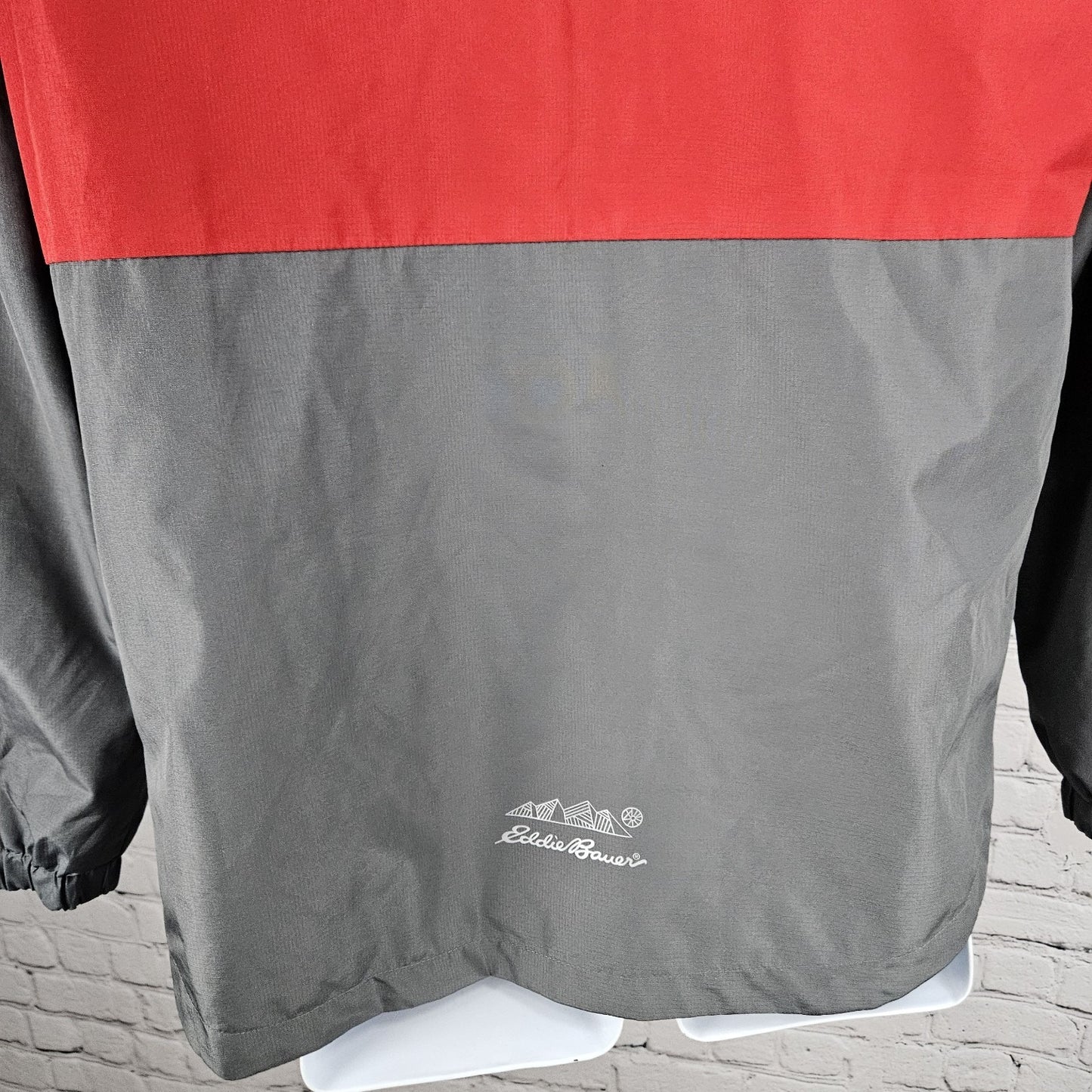 Eddie Bauer Grey Red Hooded Full Zip Lined Windbreaker Jacket Kids L 14/16 *tear