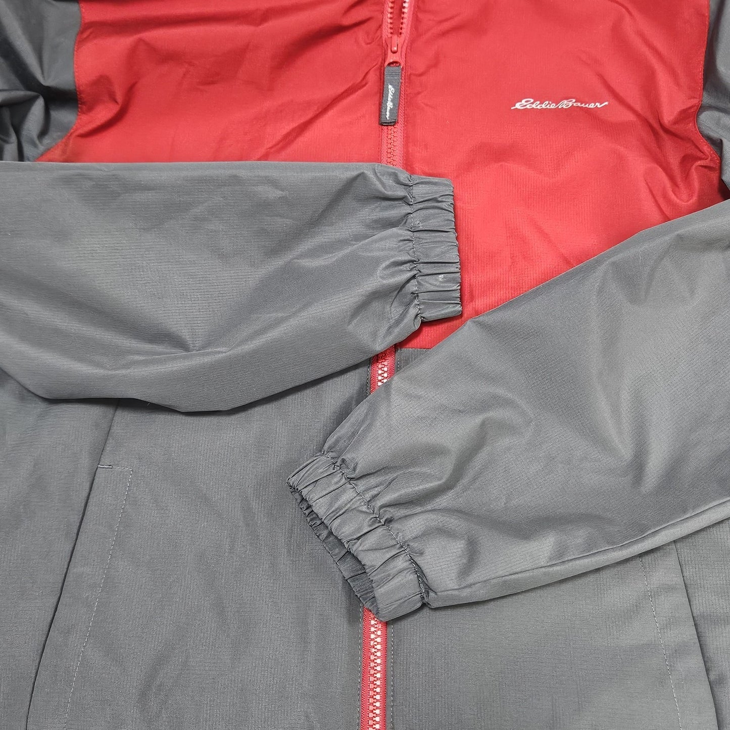 Eddie Bauer Grey Red Hooded Full Zip Lined Windbreaker Jacket Kids L 14/16 *tear
