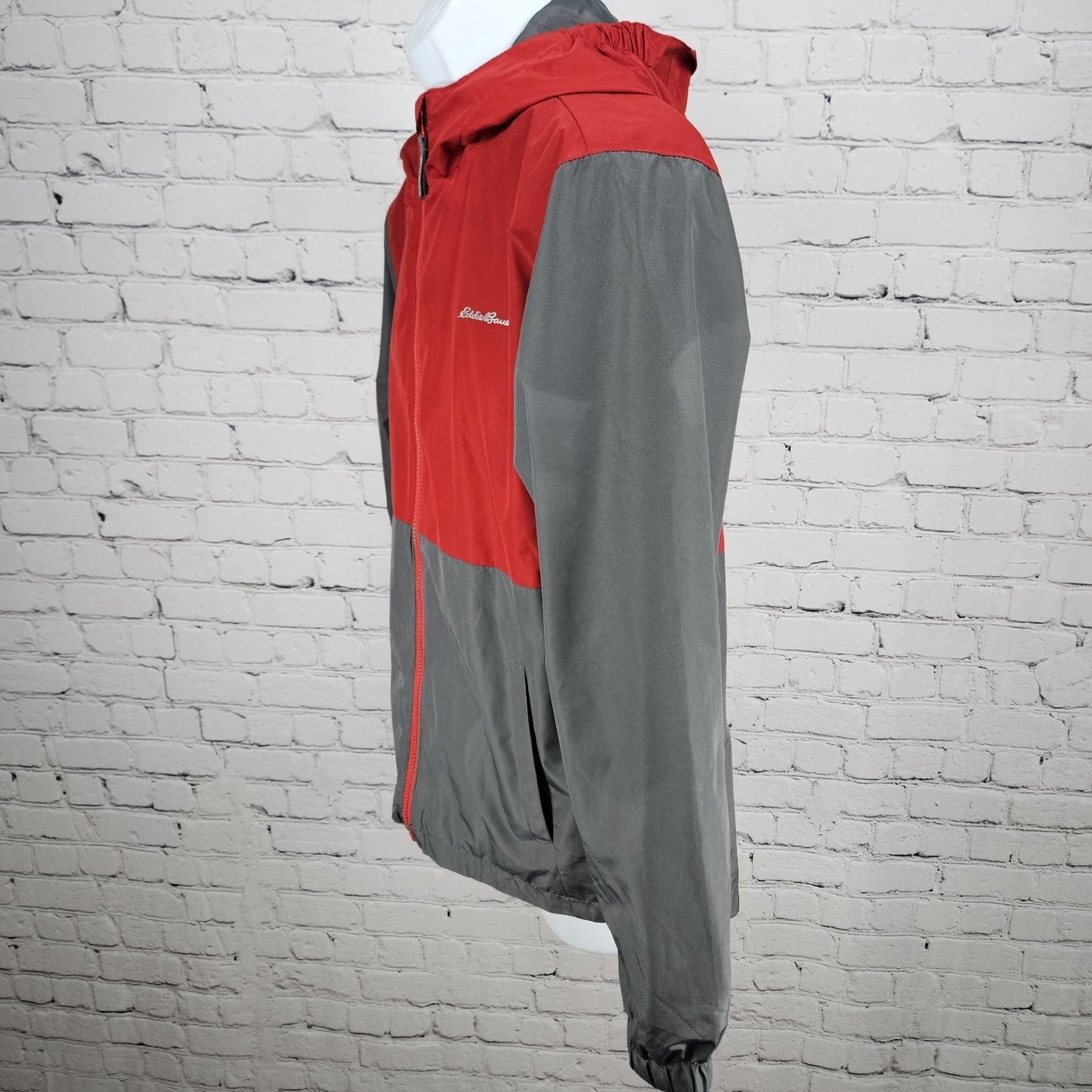 Eddie Bauer Grey Red Hooded Full Zip Lined Windbreaker Jacket Kids L 14/16 *tear