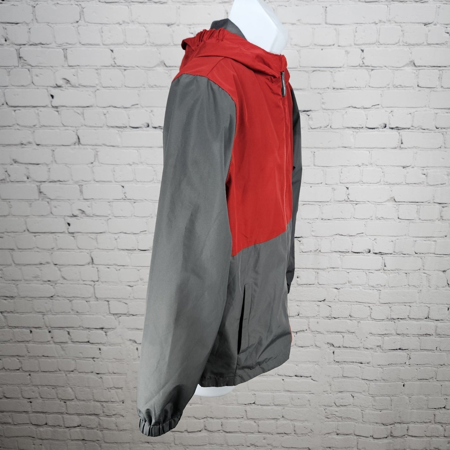 Eddie Bauer Grey Red Hooded Full Zip Lined Windbreaker Jacket Kids L 14/16 *tear