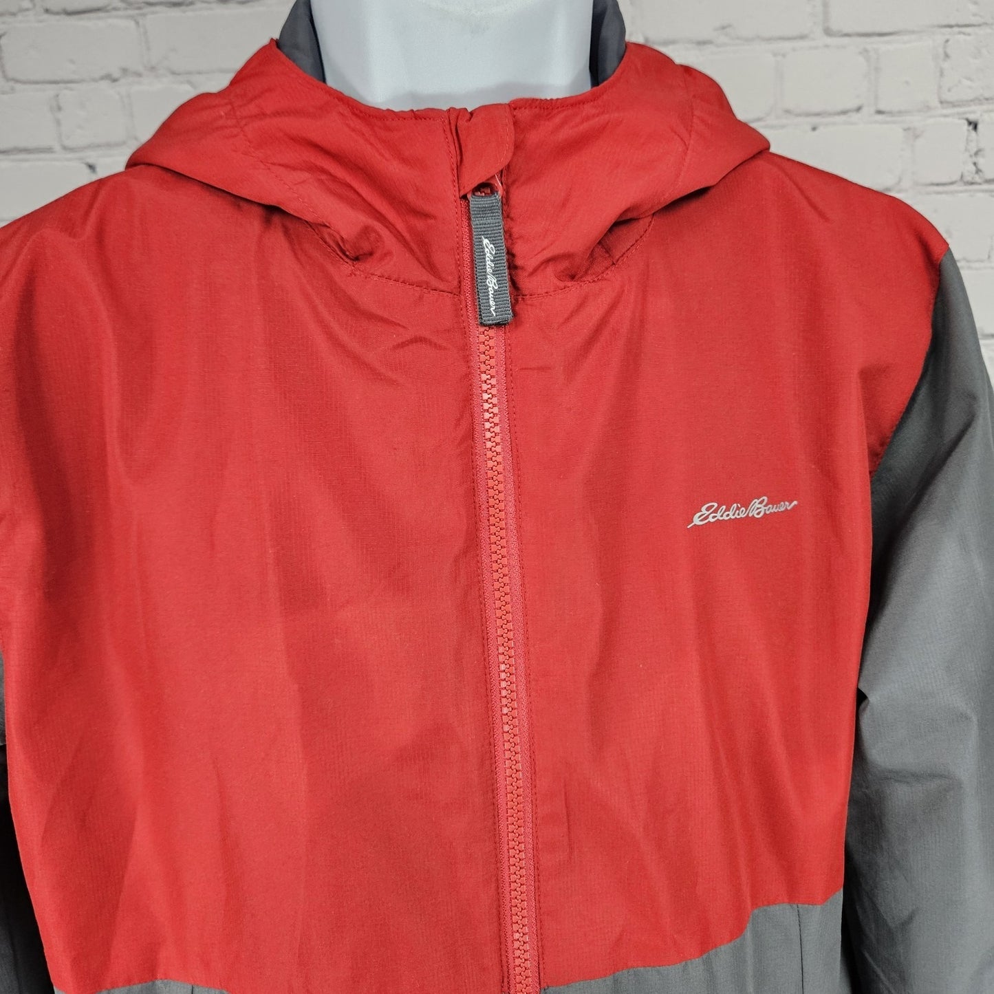 Eddie Bauer Grey Red Hooded Full Zip Lined Windbreaker Jacket Kids L 14/16 *tear
