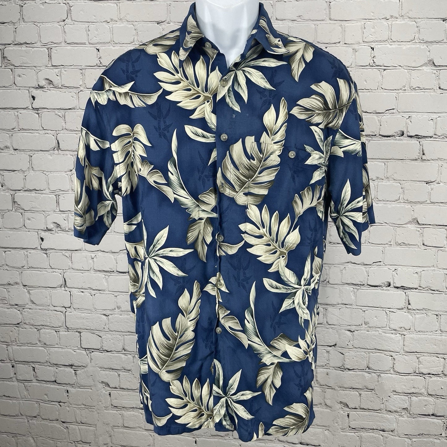 Campia Moda Blue Leaf Hawaiian Button Up Short Sleeve Shirt Tropical Small S