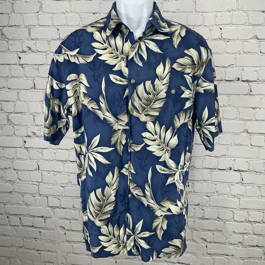 Campia Moda Blue Leaf Hawaiian Button Up Short Sleeve Shirt Tropical Small S