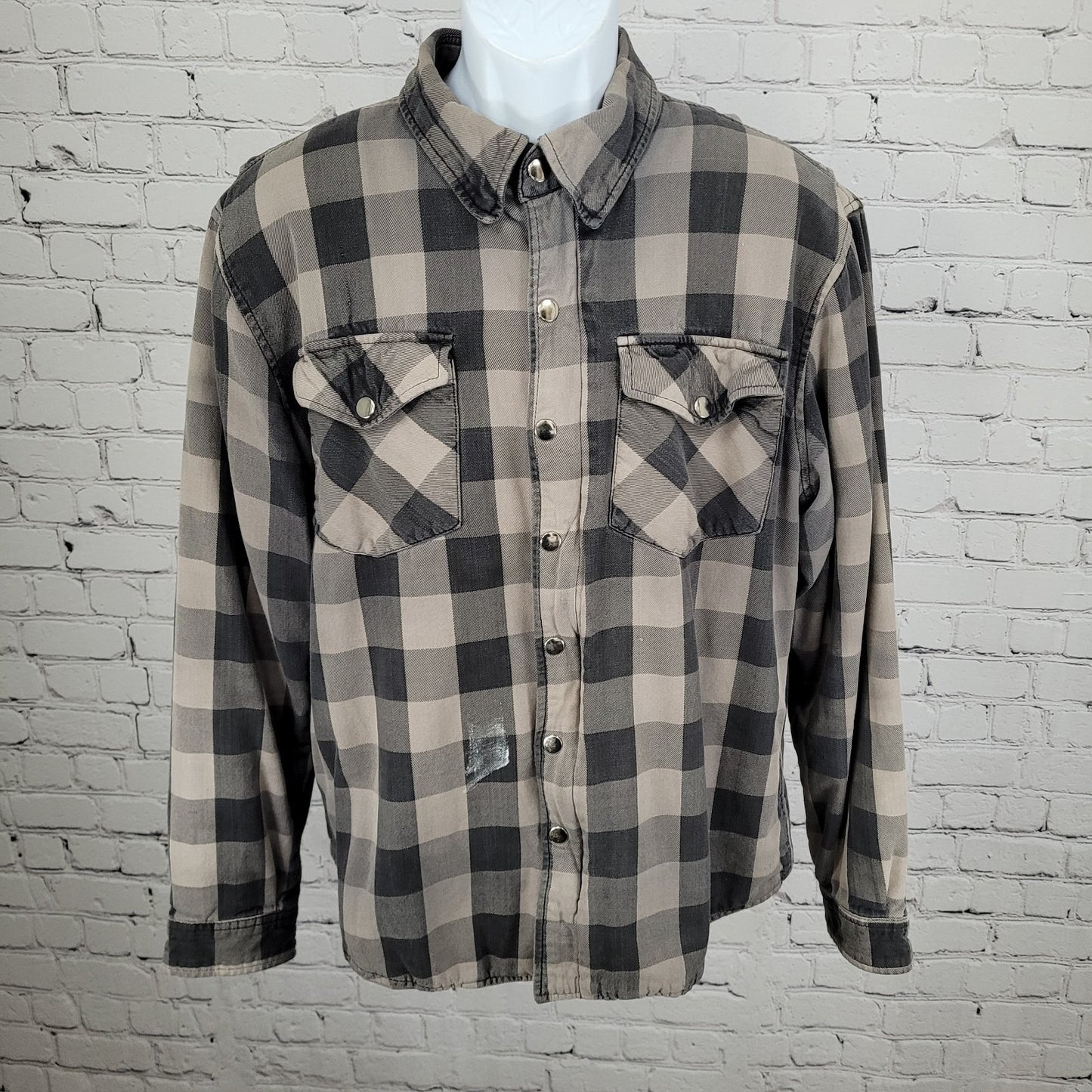 Skull Riderz Grey Tan Flannel Check Full Zip Snap Collar Lined Shacket Jacket XL
