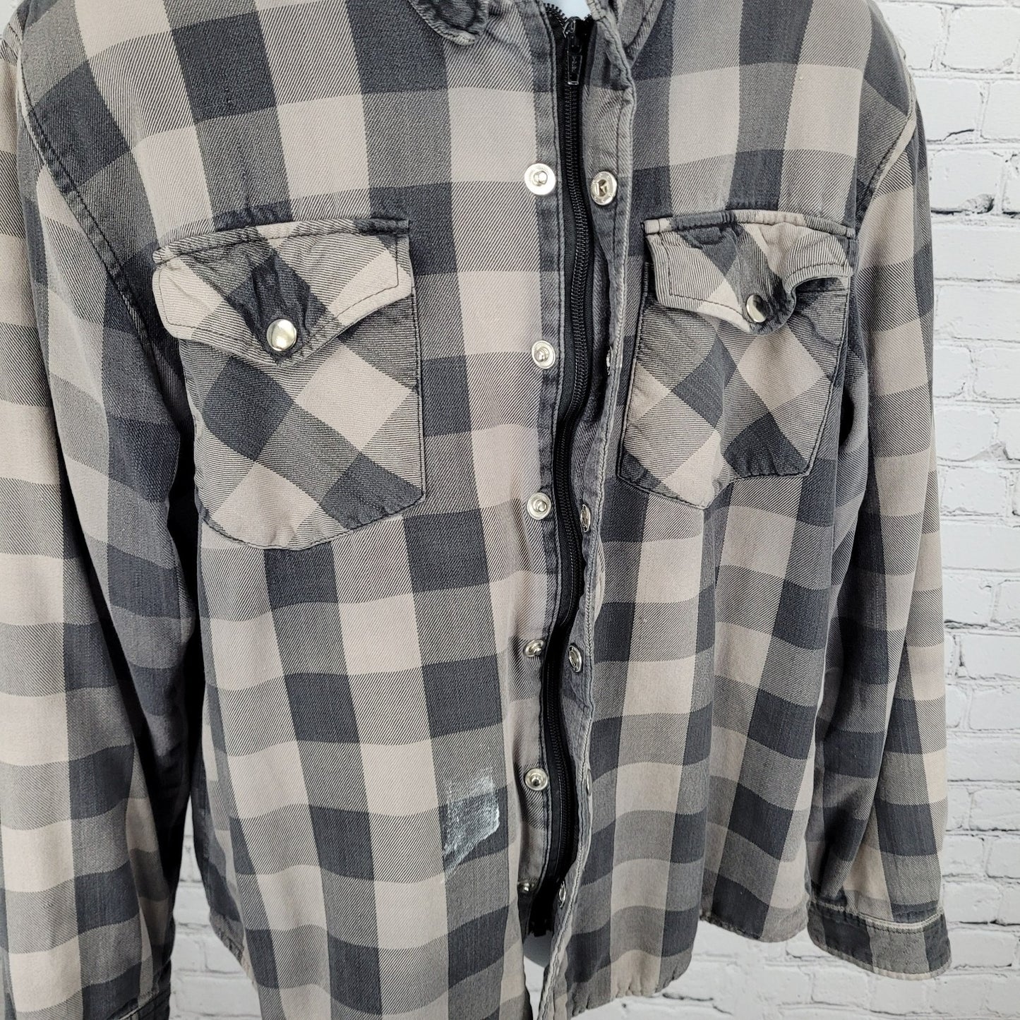 Skull Riderz Grey Tan Flannel Check Full Zip Snap Collar Lined Shacket Jacket XL