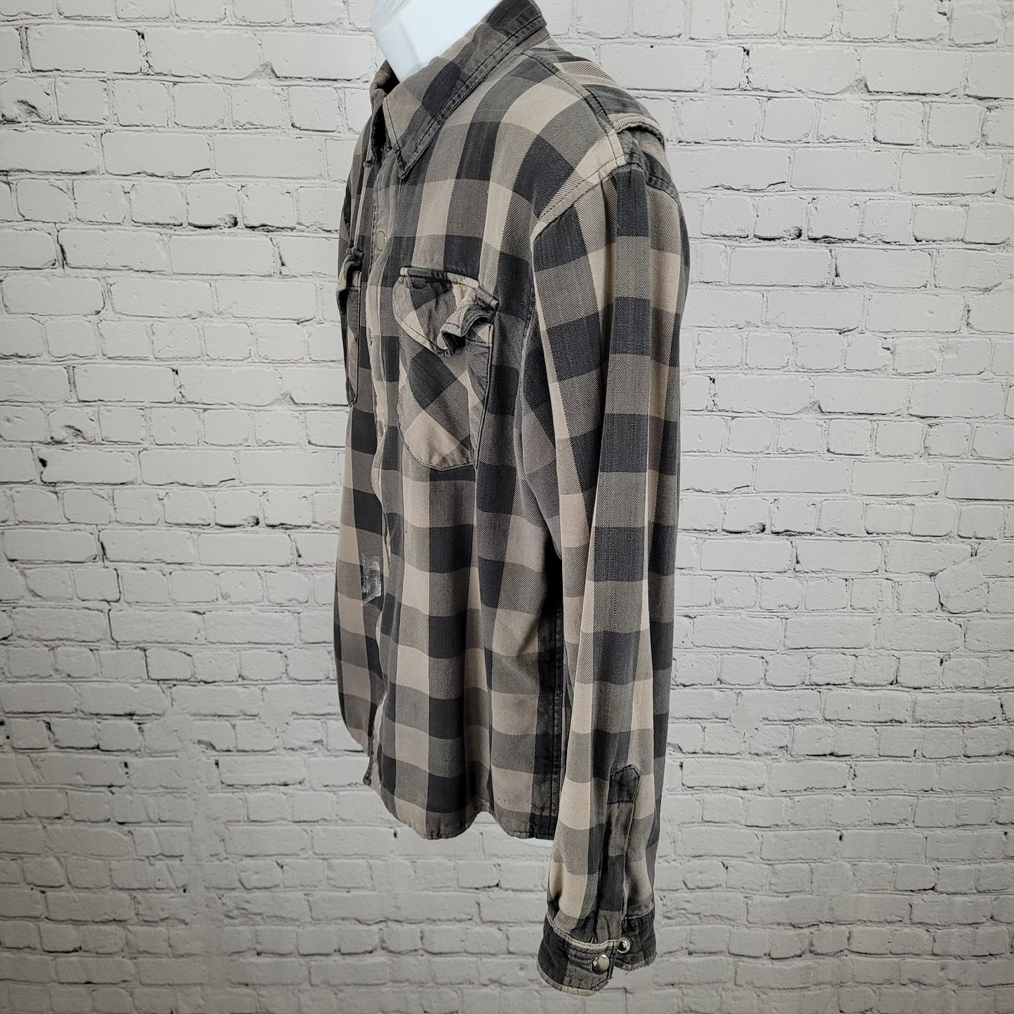 Skull Riderz Grey Tan Flannel Check Full Zip Snap Collar Lined Shacket Jacket XL