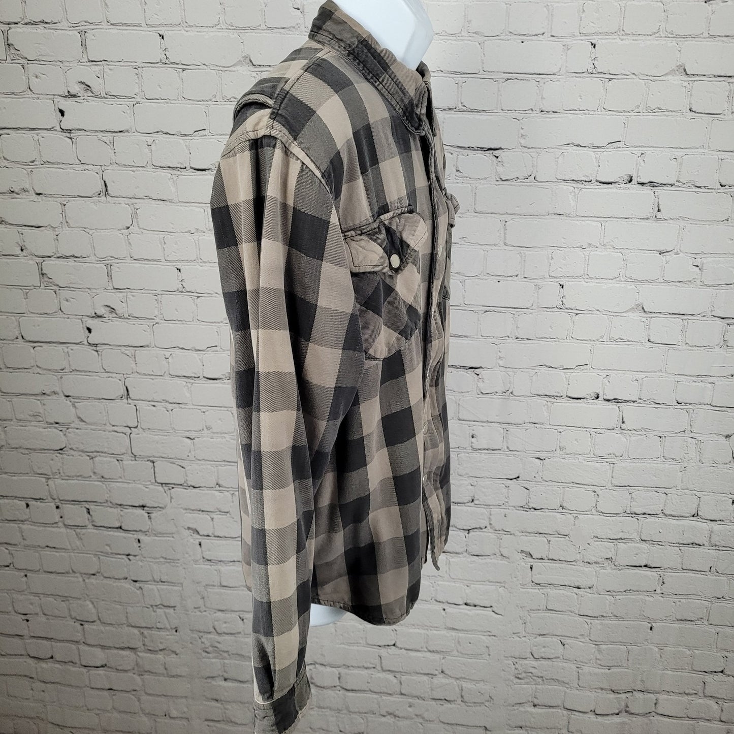Skull Riderz Grey Tan Flannel Check Full Zip Snap Collar Lined Shacket Jacket XL