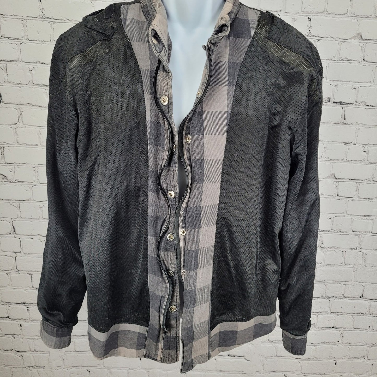 Skull Riderz Grey Tan Flannel Check Full Zip Snap Collar Lined Shacket Jacket XL