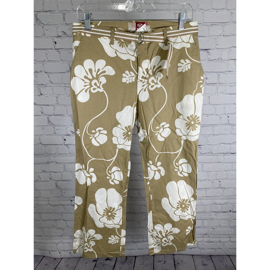 Roxy Brown White Floral Cotton Blend Striped Belt Flare Pants Womens 9 (31x25.5)