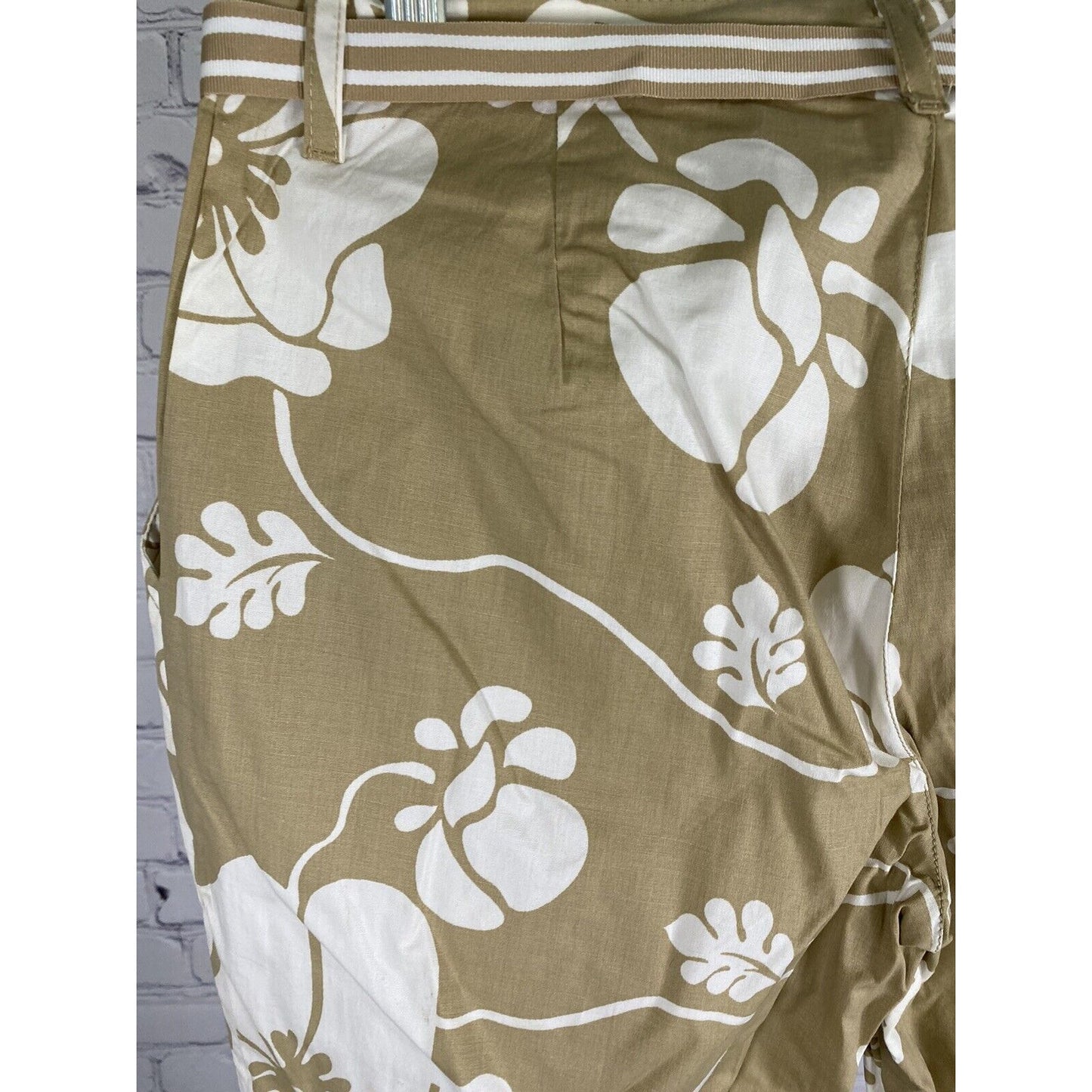 Roxy Brown White Floral Cotton Blend Striped Belt Flare Pants Womens 9 (31x25.5)