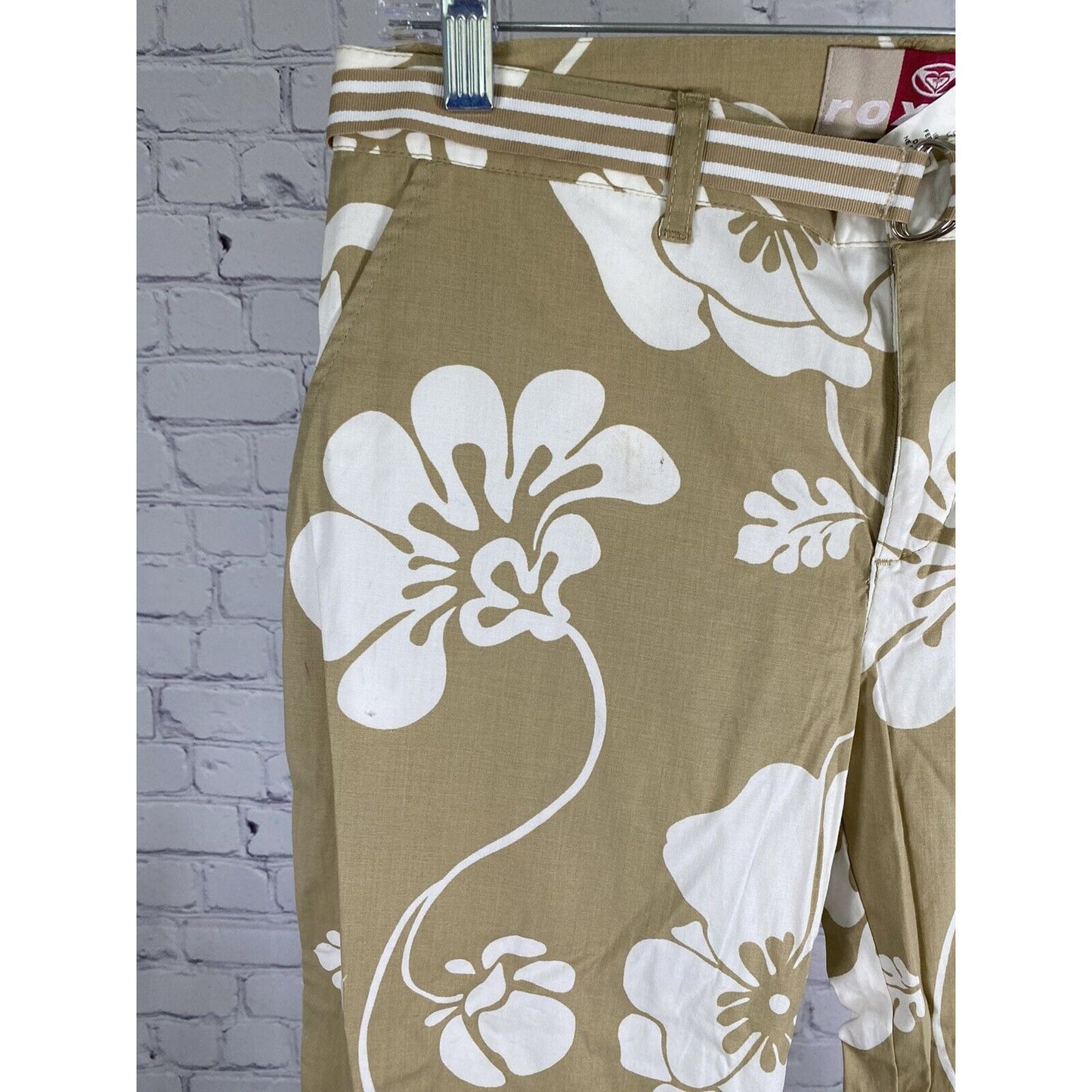 Roxy Brown White Floral Cotton Blend Striped Belt Flare Pants Womens 9 (31x25.5)