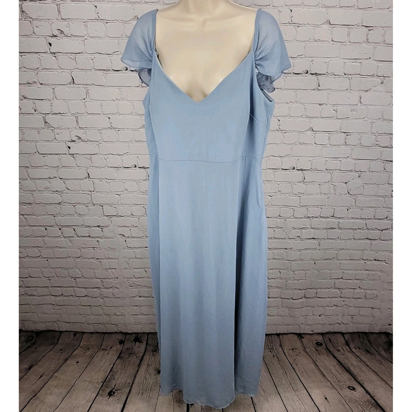 Birdy Grey Blue Chiffon Strappy Removable Sleeves Bridesmaid Dress Size XXL