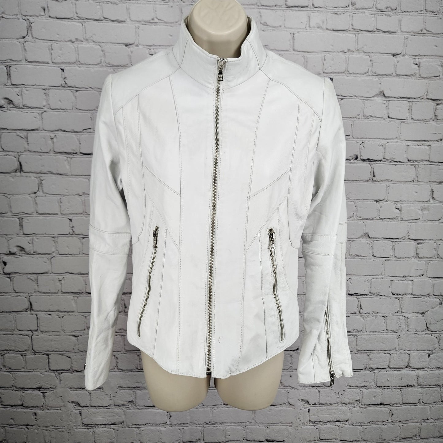 Andrew Marc NY White Genuine Leather Full Zip Lined Pockets Moto Jacket Small S