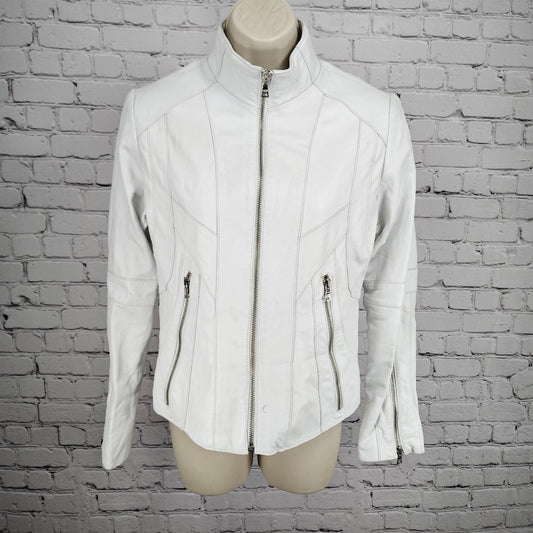 Andrew Marc NY White Genuine Leather Full Zip Lined Pockets Moto Jacket Small S