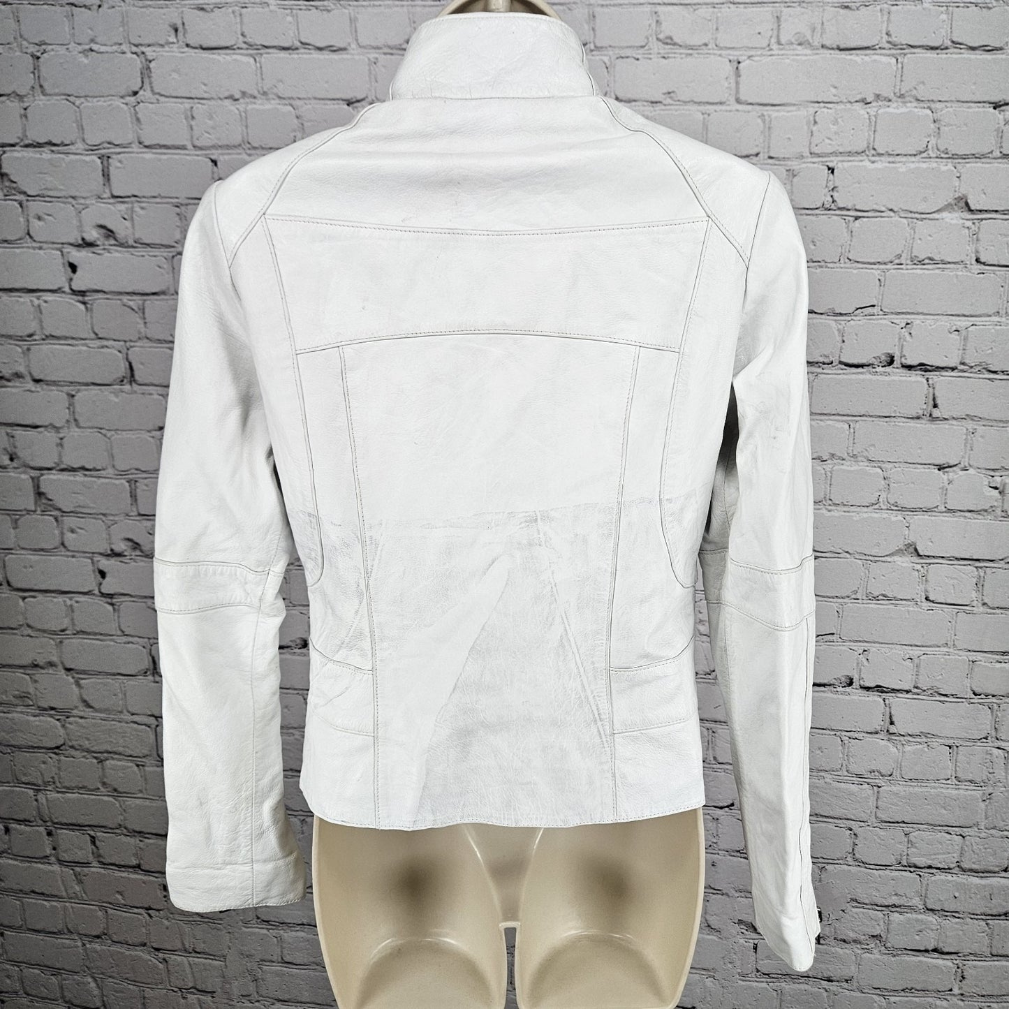 Andrew Marc NY White Genuine Leather Full Zip Lined Pockets Moto Jacket Small S