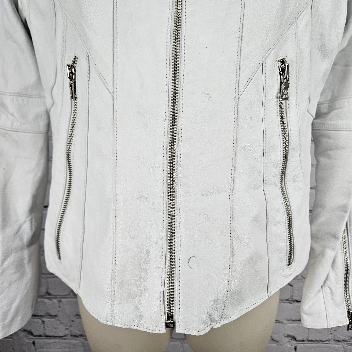 Andrew Marc NY White Genuine Leather Full Zip Lined Pockets Moto Jacket Small S