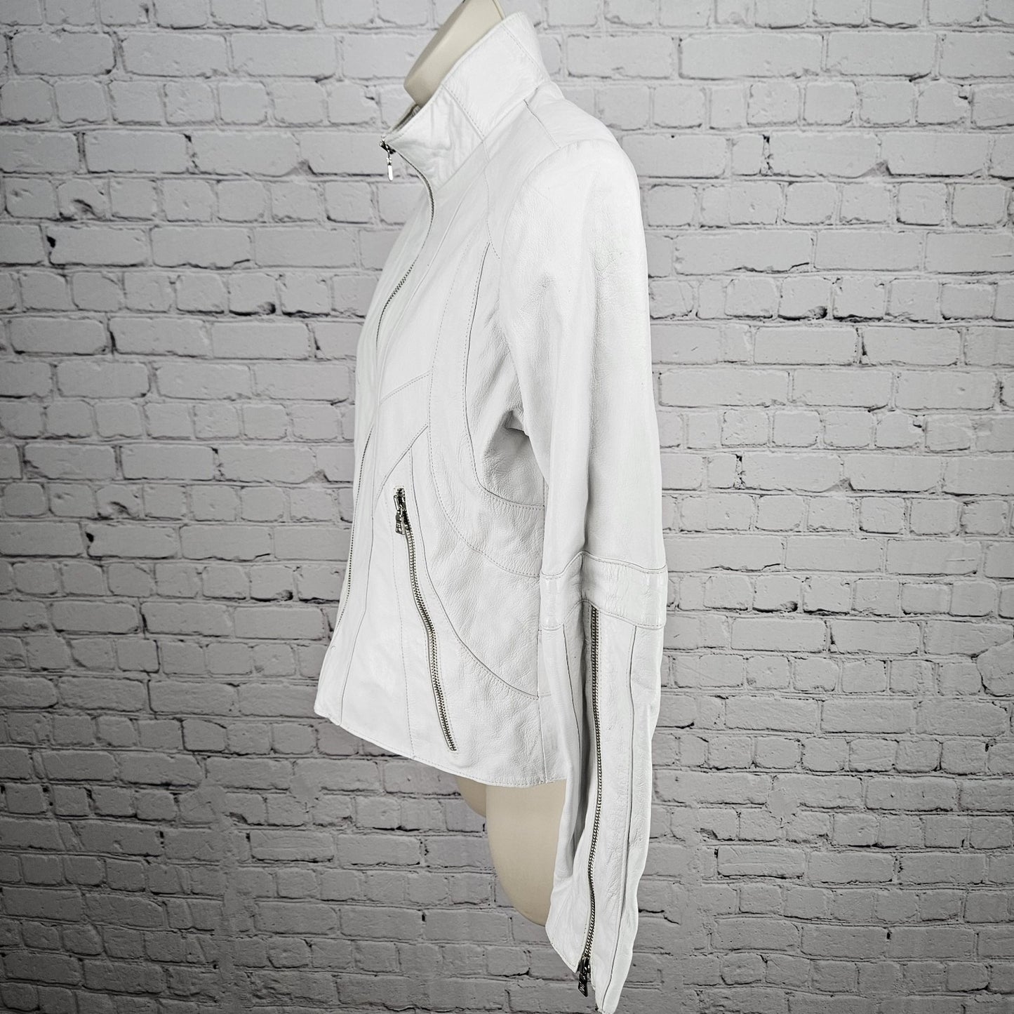 Andrew Marc NY White Genuine Leather Full Zip Lined Pockets Moto Jacket Small S