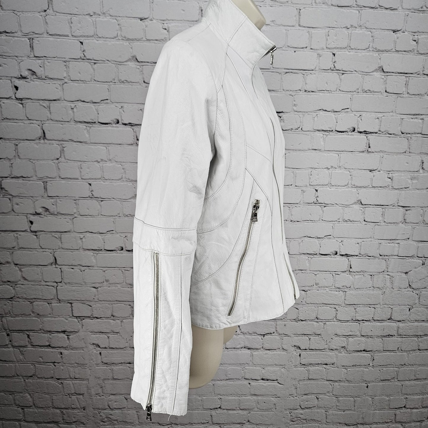 Andrew Marc NY White Genuine Leather Full Zip Lined Pockets Moto Jacket Small S