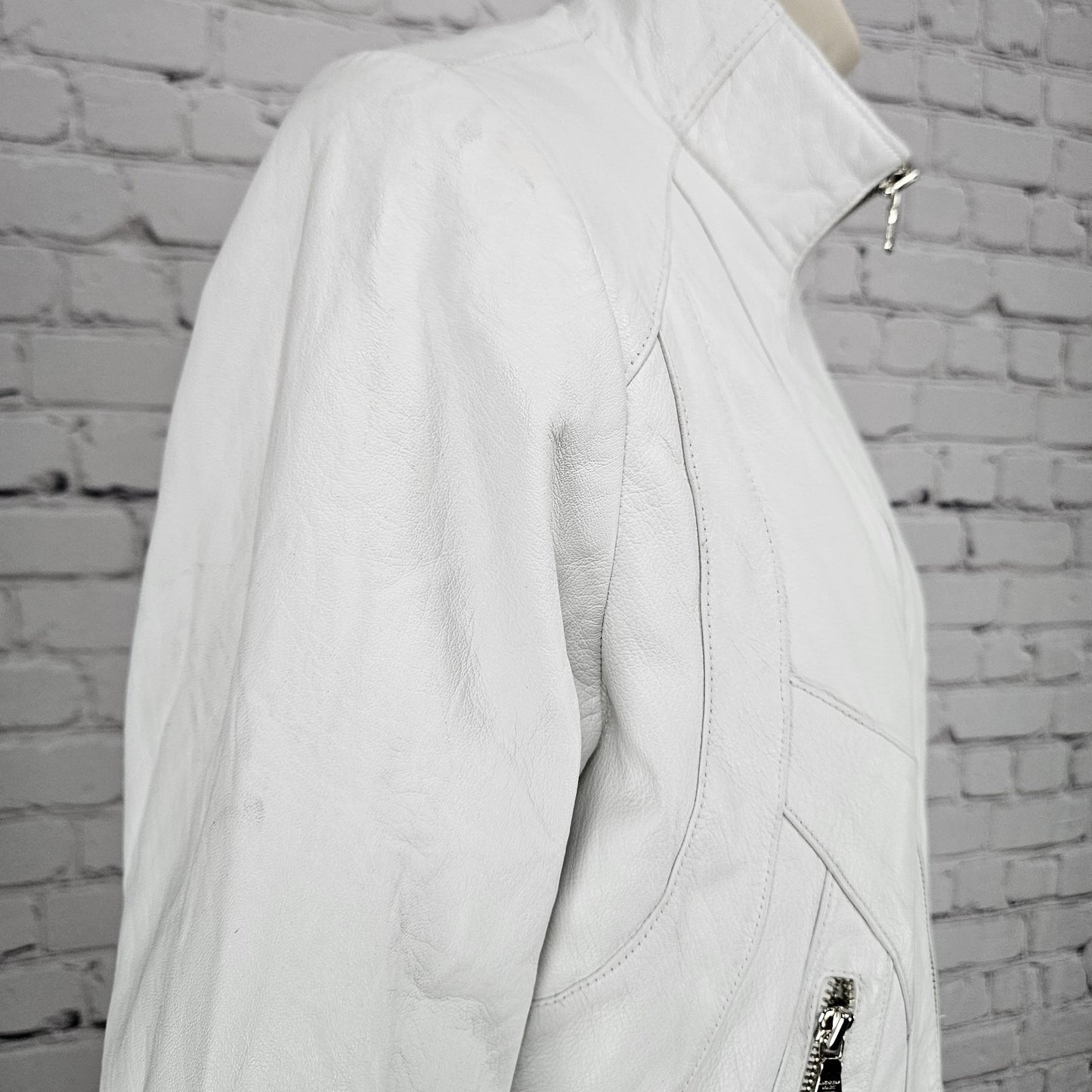 Andrew Marc NY White Genuine Leather Full Zip Lined Pockets Moto Jacket Small S