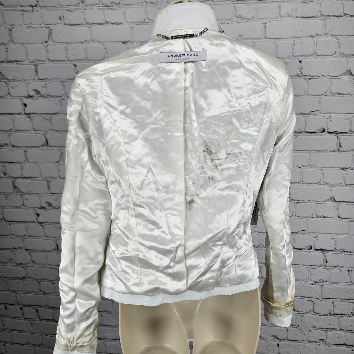 Andrew Marc NY White Genuine Leather Full Zip Lined Pockets Moto Jacket Small S