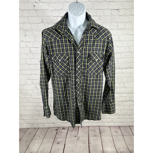 Wrangler Western Shirts Blue Green Plaid Lightweight Long Sleeve Pearl Snap L
