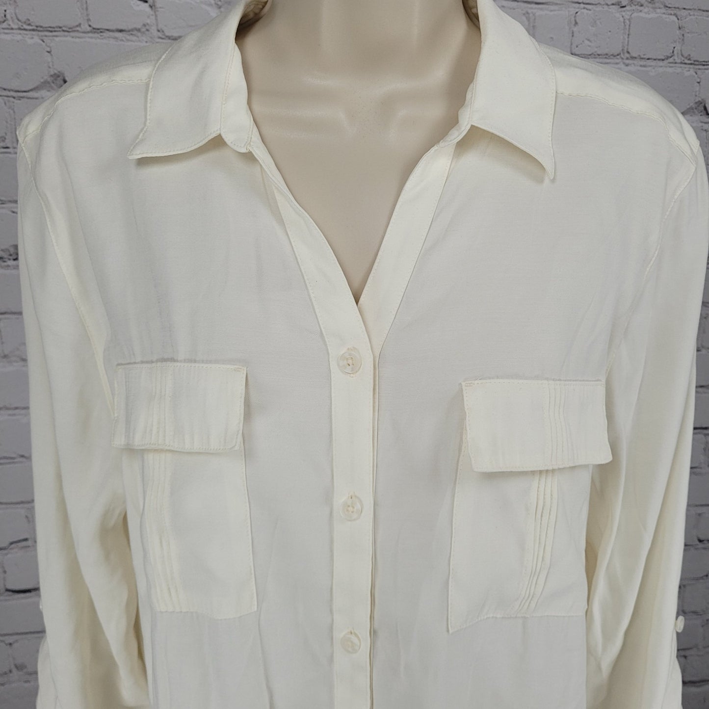 Chico's Ivory Button Up Long Sleeve Roll Tab Collared Shirt Size 2 US 12
