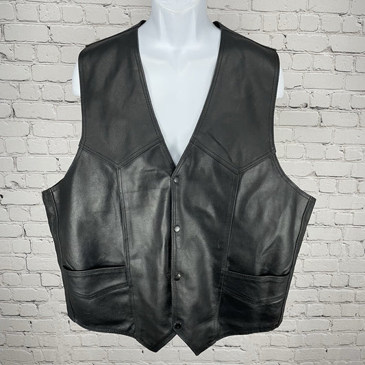 Genuine Leather Black Bikercore Classic Snapped Lined Vest Pockets Size 56