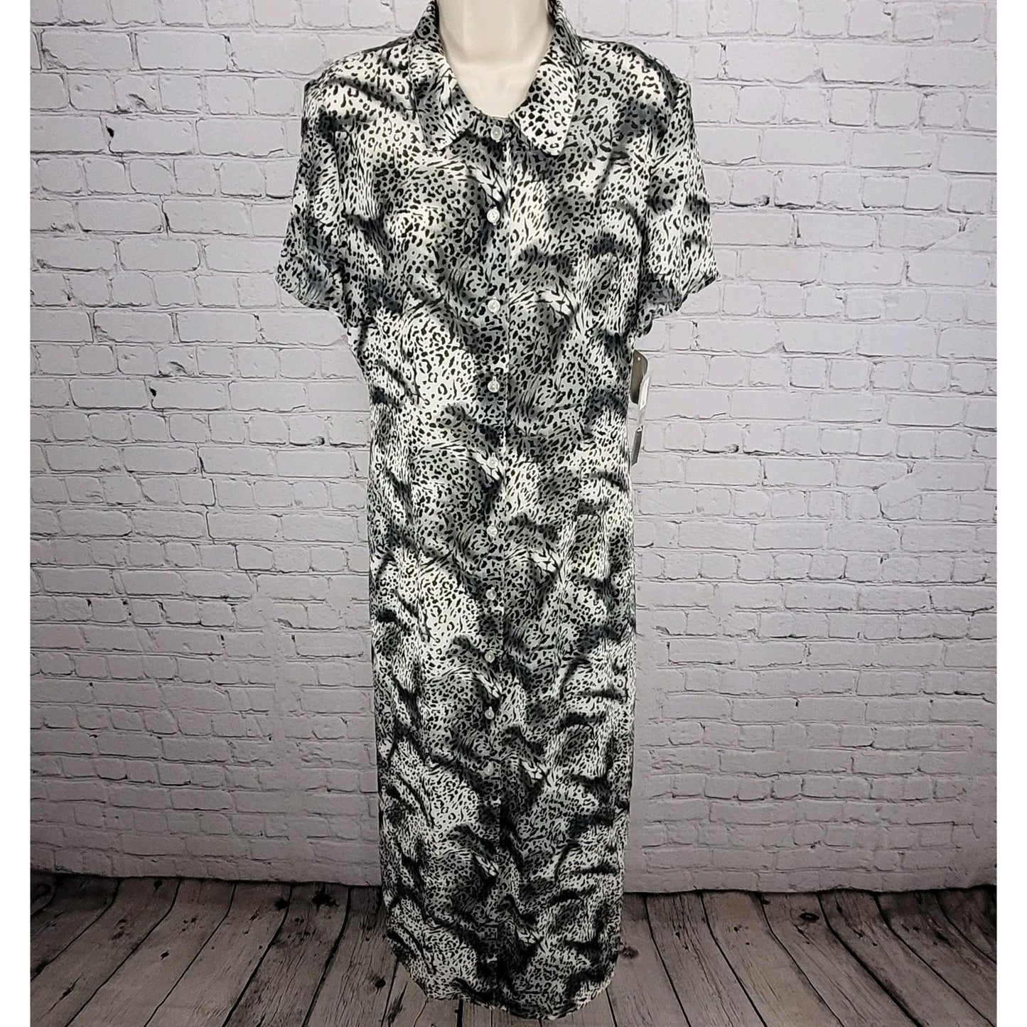 NWT VTG Melissa Harper Black Grey Chiffon Leopard Semi Sheer Buttoned Dress 12