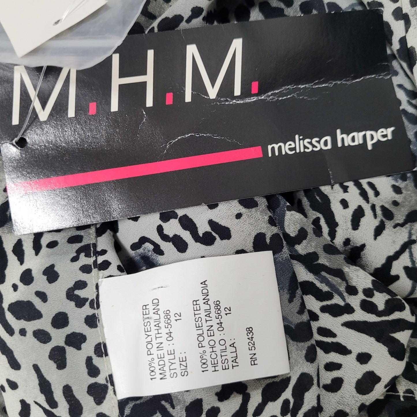 NWT VTG Melissa Harper Black Grey Chiffon Leopard Semi Sheer Buttoned Dress 12