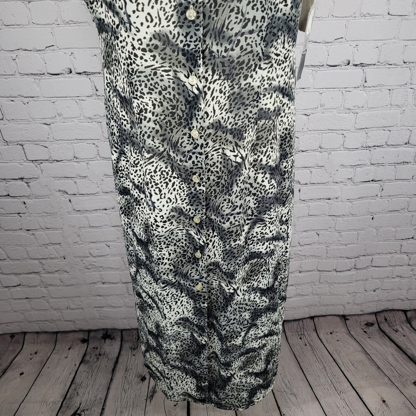 NWT VTG Melissa Harper Black Grey Chiffon Leopard Semi Sheer Buttoned Dress 12