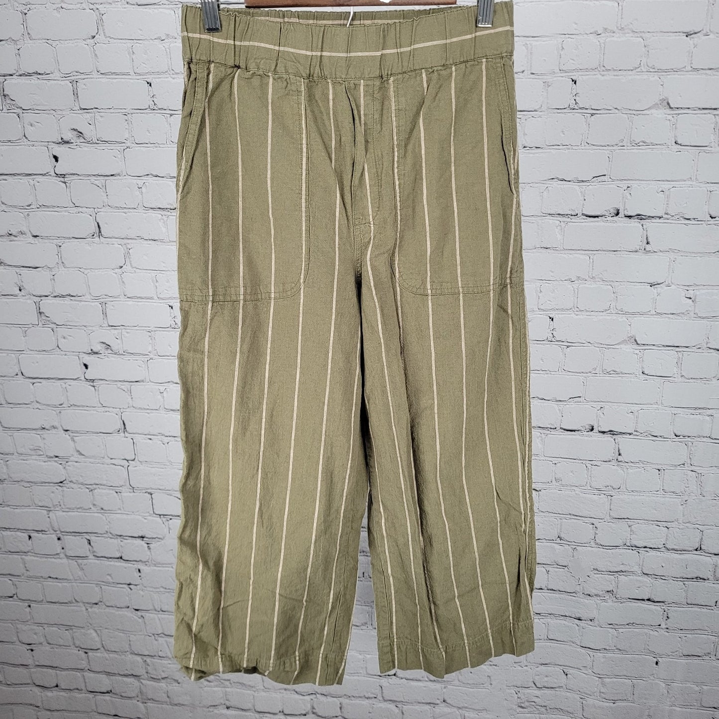Madewell Green Stripe Linen Cotton Boho Wide Leg Crop Pants Size Small S (28x23)