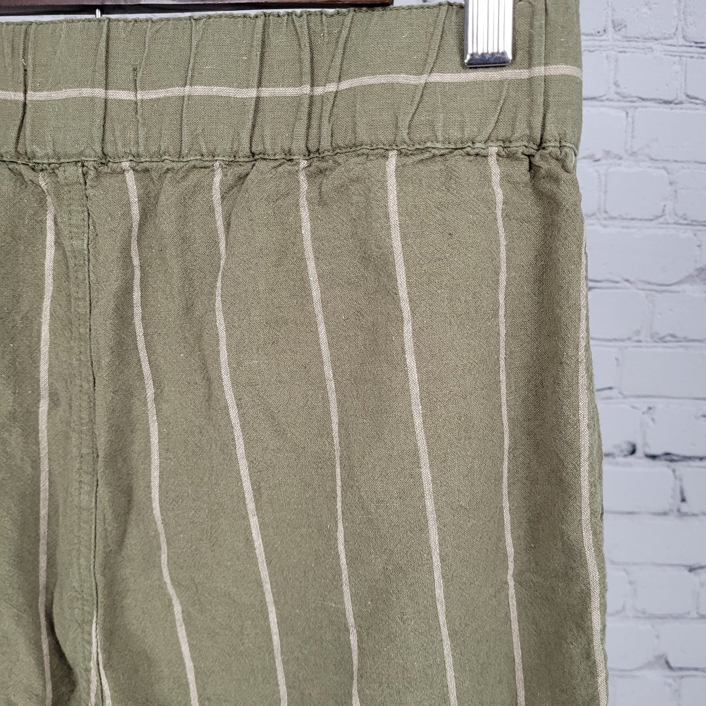 Madewell Green Stripe Linen Cotton Boho Wide Leg Crop Pants Size Small S (28x23)