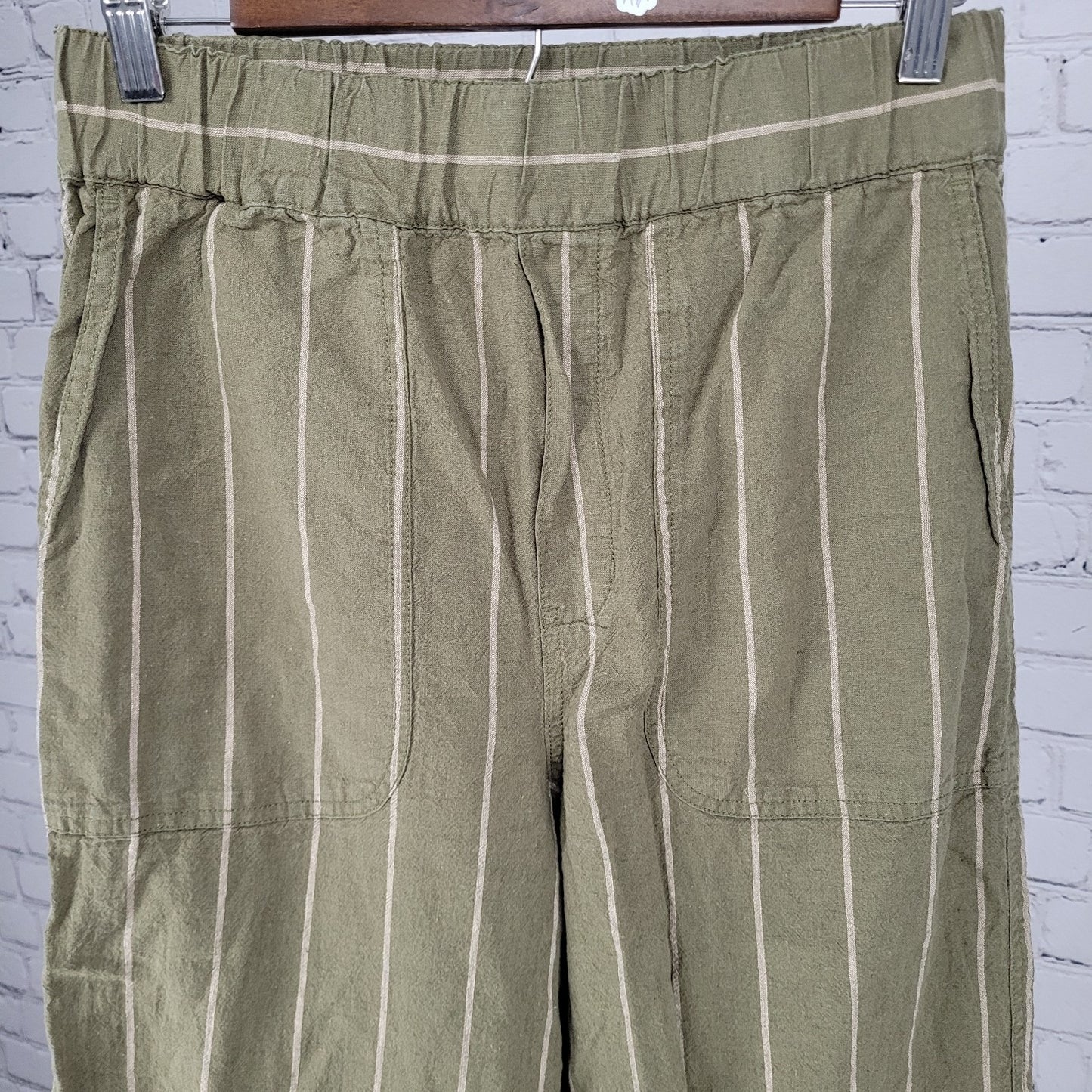 Madewell Green Stripe Linen Cotton Boho Wide Leg Crop Pants Size Small S (28x23)
