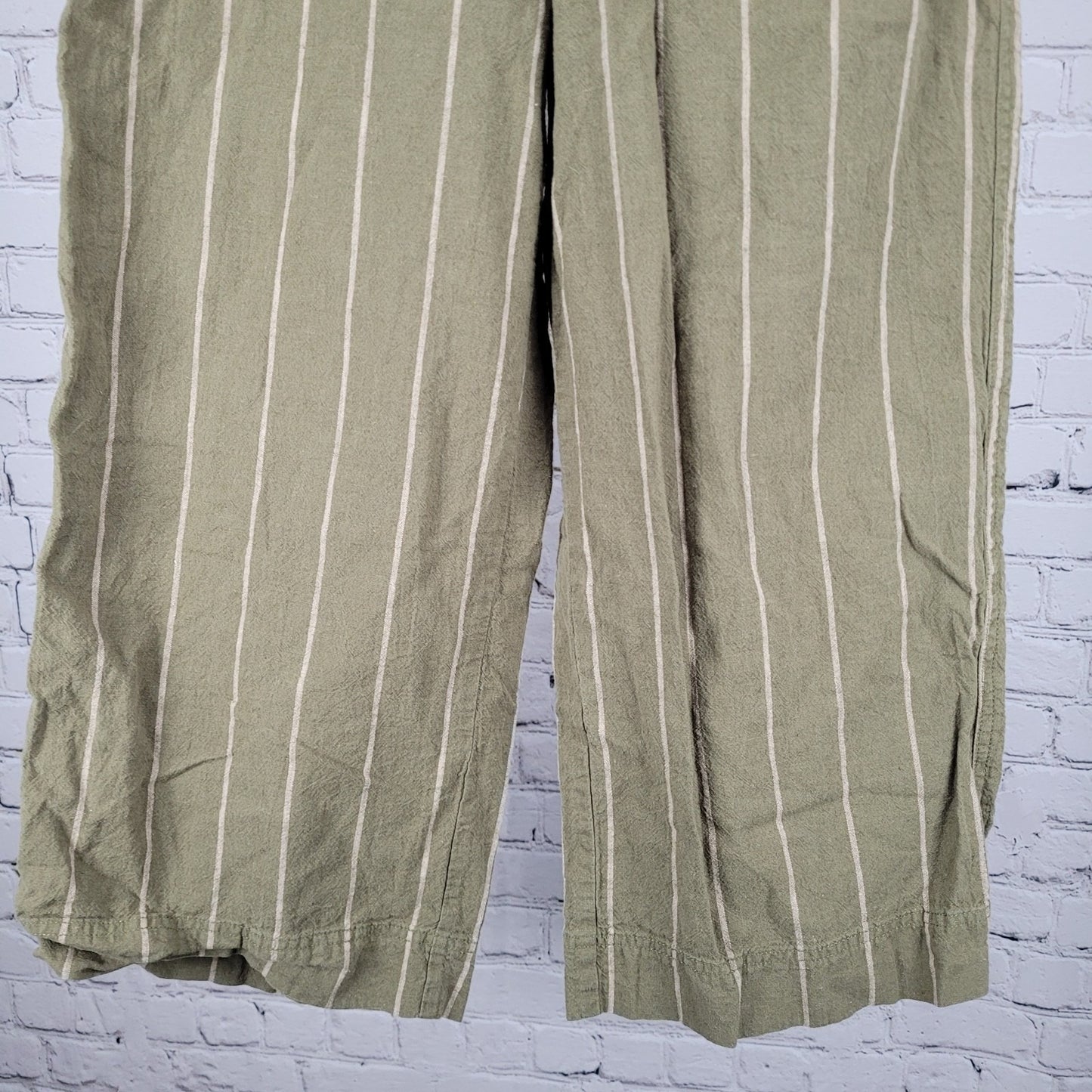 Madewell Green Stripe Linen Cotton Boho Wide Leg Crop Pants Size Small S (28x23)